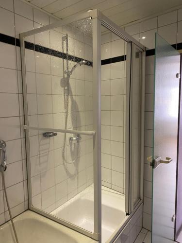una ducha con puerta de cristal en un baño en Ferienwohnung zentral an der Moselpromenade, en Zell an der Mosel