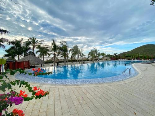 a large swimming pool with palm trees and flowers at Increible apartamento Samaria Club de Playa, Santa Marta, Pozos colorados in Gaira