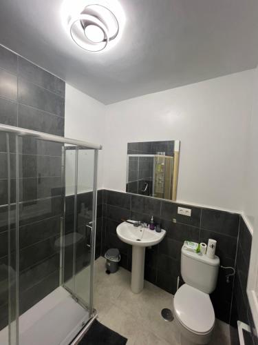 une salle de bain avec toilettes, lavabo et douche dans l'établissement Alojamiento Chloe, à Vigo