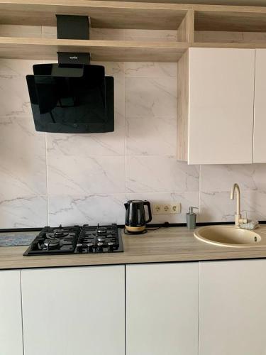 a kitchen counter with a stove and a sink at River Apartments in Vinnytsya