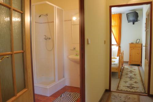 a bathroom with a tub and a shower and a sink at Penzion Flídr in Poděbrady