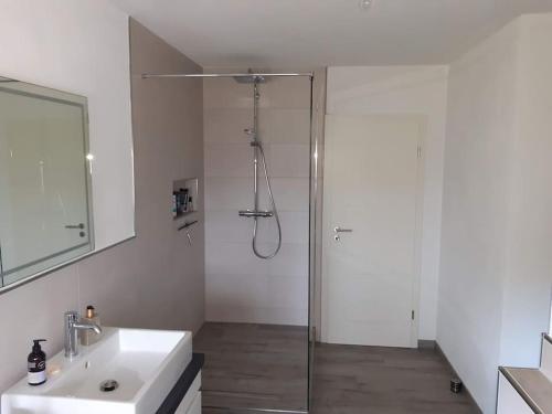 a bathroom with a glass shower and a sink at FEWO Happe in Lennestadt