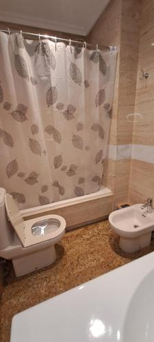a bathroom with a toilet and a sink and a shower curtain at Habitaciones De Lujo Con Hermosas Vistas A La Cuidad in Burgos