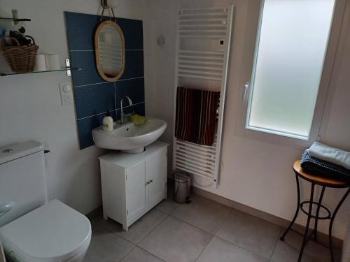 a bathroom with a sink and a toilet and a mirror at Studio neuf de plain-pied in Ruaudin