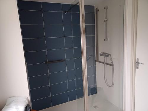 a bathroom with a shower with blue tiles at Studio neuf de plain-pied in Ruaudin