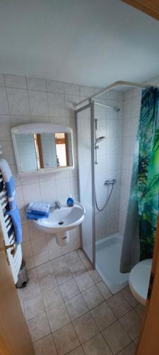a bathroom with a sink and a shower and a toilet at Ferienwohnung "Kleine Deichperle" in Prerow