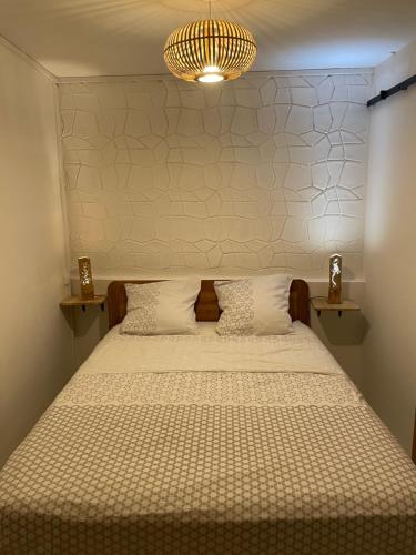 - une chambre avec un lit et un lustre dans l'établissement Tropic Valley Lodge, à Vieux-Habitants