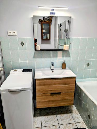 une petite salle de bain avec un lavabo et une baignoire dans l'établissement CityCosy Strasbourg Studio MittelHaus, à Strasbourg