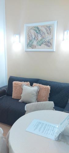 a living room with a blue couch with pillows at Bem Localizado Botafogo in Rio de Janeiro
