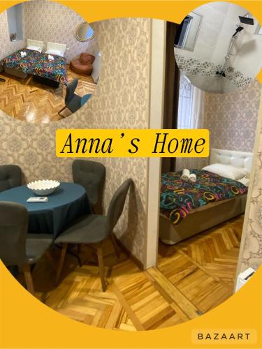a room with a table and a bedroom with a bed at Anna'S Home in Kutaisi