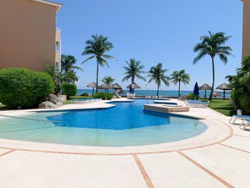 a swimming pool with palm trees and the ocean at Beachfront Breathtaking Views Puerto Aventuras in Puerto Aventuras