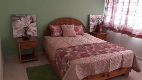 una camera da letto con un letto con due comodini e due finestre di VILLA BOCA MAR a Boca Chica