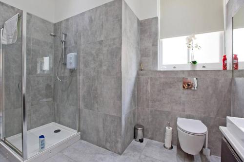 een badkamer met een douche, een toilet en een wastafel bij Bright and cheerful studio in Londen