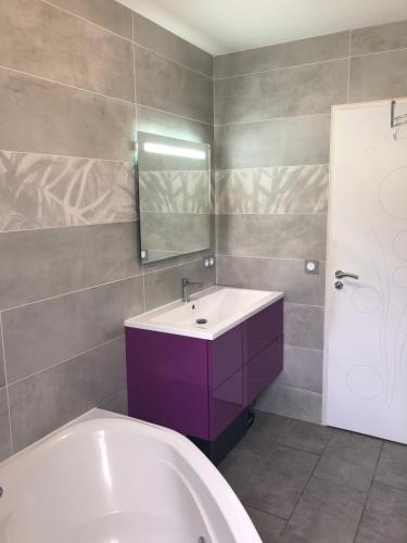 une salle de bain avec une baignoire, un lavabo et un miroir dans l'établissement L’aureilhannaise, à Aureilhan