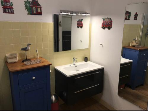 een badkamer met een wastafel en een spiegel bij Charmant T3 jardin et piscine Seignosse in Seignosse