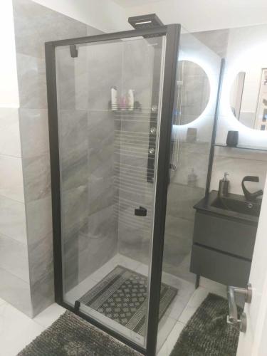 a shower with a glass door next to a sink at Rena Vendégház in Nagykanizsa