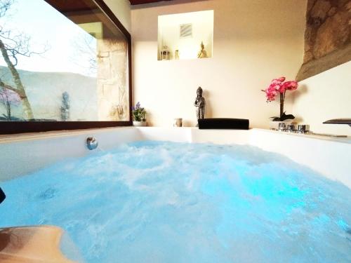 a large tub filled with blue water in a bathroom at Apartamentos La Rosa y El Pastor in Guijo de Santa Bárbara