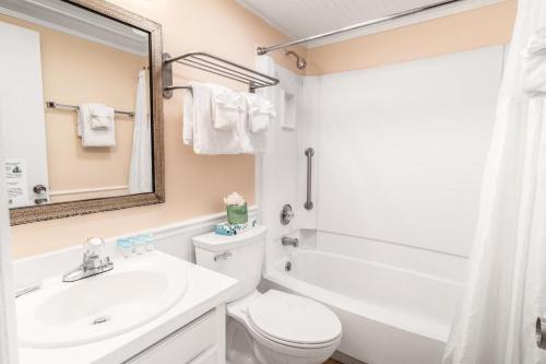 a bathroom with a white toilet and a sink and a shower at Bright Modern Room First Floor Resort View in Pawleys Island