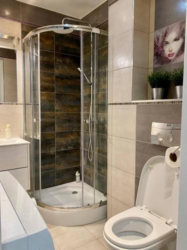 ein Bad mit einer Dusche und einem WC in der Unterkunft HALBY rooms Rondo ONZ in Warschau