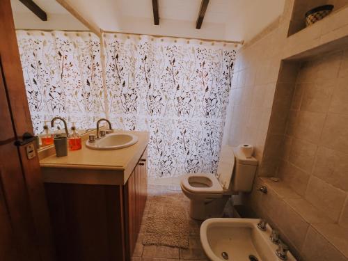 een badkamer met een wastafel, een toilet en een douche bij Los Troncos TownHomes in Cordoba