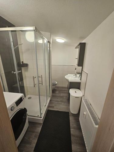 a bathroom with a shower and a toilet and a sink at Suite Dari in Bernburg