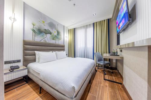 a hotel room with a bed and a television at Dem Premium Hotel - Round Trip Airport Service - Istanbul International Airport in Arnavutköy