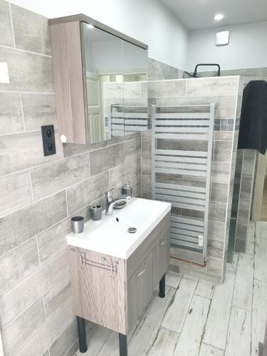 a bathroom with a sink and a mirror at Appartement confortable à La Bourboule, 64 m², balcons agréables in La Bourboule