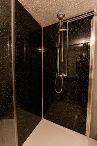 a shower in a bathroom with a glass door at Ewenny Farm Guest House in Bridgend