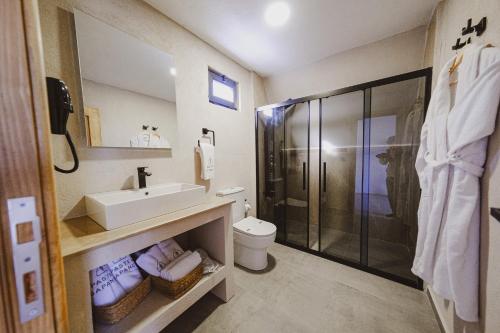 uma casa de banho com um WC com lavatório e um chuveiro em Pastel Sapanca em Sapanca