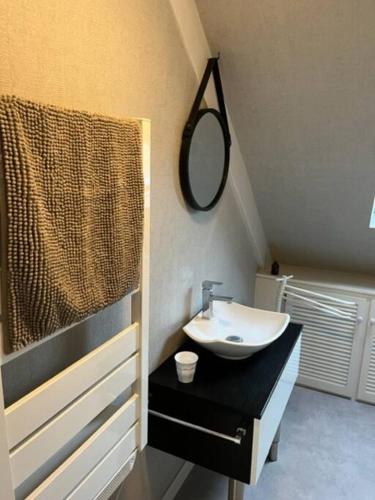 une salle de bain avec un lavabo et un miroir dans l'établissement P’tite Raguenne, à Plouha