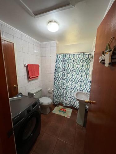 een badkamer met een wastafel en een wasmachine bij Cabaña Pingüeral (Derecho a piscina verano) in Dichato
