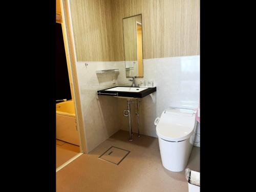 ein Badezimmer mit einem Waschbecken, einem WC und einem Spiegel in der Unterkunft Okasan Hotel - Vacation STAY 60562v in Ōgaki