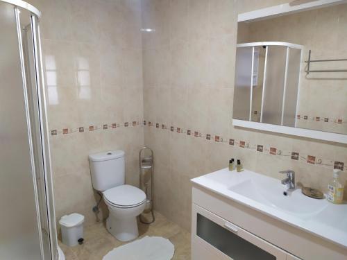 a bathroom with a toilet and a sink and a shower at Villa Terra da Eira T1 - Sun, Sea and Relax in Lourinhã