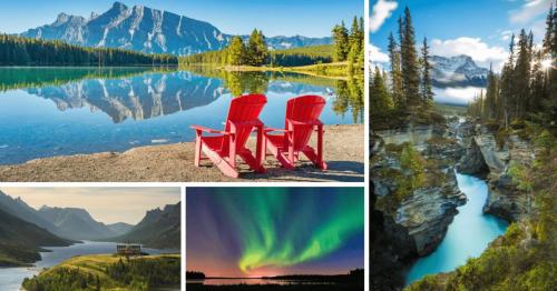a collage of four pictures of a lake and two red chairs at Banff Woods lodge in Canmore