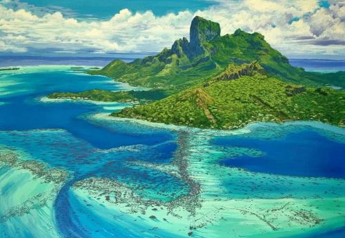 une peinture d'une île dans l'eau dans l'établissement Iaoraboraborahouse TEREIA, à Bora Bora