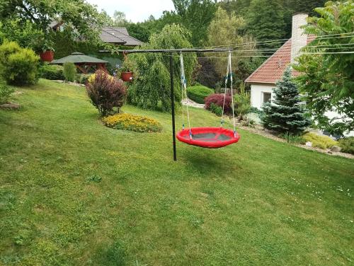 a swing in the grass in a yard at Ubytování Iris in Dolany