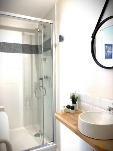 une salle de bain avec une douche en verre et un lavabo dans l'établissement L'Escale-Cosy appart hypercentre et au calme, à Nantes