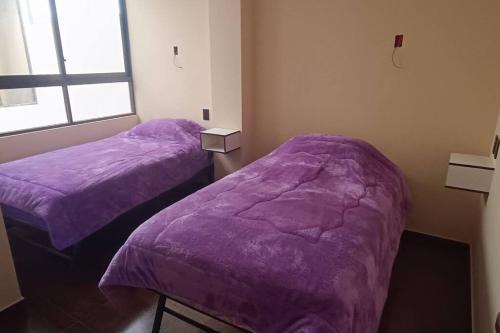 nuevo y hermoso departamento (9) في سوكر: سريرين في غرفة ذات أغطية أرجوانية