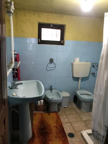 La salle de bains est pourvue d'un lavabo et de toilettes. dans l'établissement Casa de campanha chez Irène, 