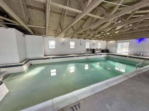 a swimming pool with green water in a building at Flamingo Villa @ The Reef in Chincoteague