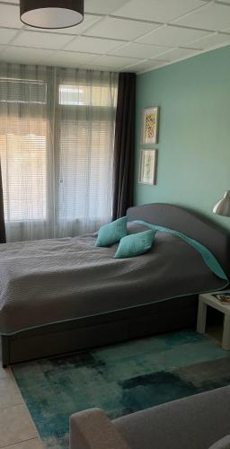 a bedroom with a large bed with blue walls at Hátszél Apartman in Balatonfüred