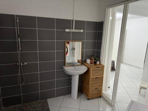 a bathroom with a sink and a mirror at Domaine de la villa d’orge in Vieux-Habitants
