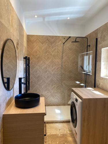 a bathroom with a washing machine and a mirror at Appartement La Maouin 2 pièces in Saint-Laurent-du-Var