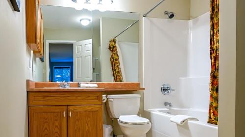a bathroom with a sink and a toilet and a mirror at Polar Peak Chalet by Fernie Lodging Company in Fernie