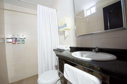 a bathroom with a sink and a toilet and a mirror at Hotel Plaza Victoria in Ibarra