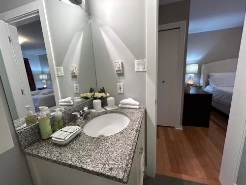 a bathroom with a sink and a large mirror at North Nanaimo Gem - Garden-View Room with Private Ensuite in Nanaimo