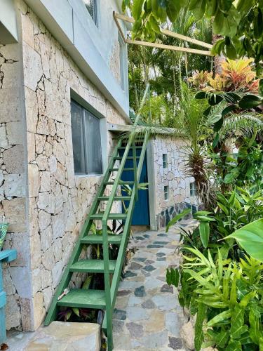 a green staircase leading up to a building with plants at Cabarete Boutique Kite Hotel King Loft in Cabarete
