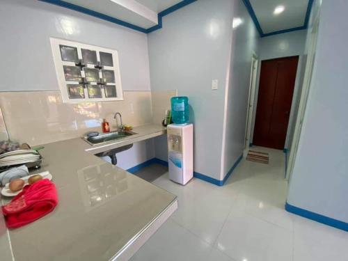 a small kitchen with a refrigerator and a sink at La Fela Pension House in Oslob