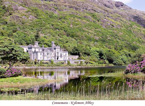 a large castle sitting in the middle of a lake at Green Acres Self Catering in Claremorris