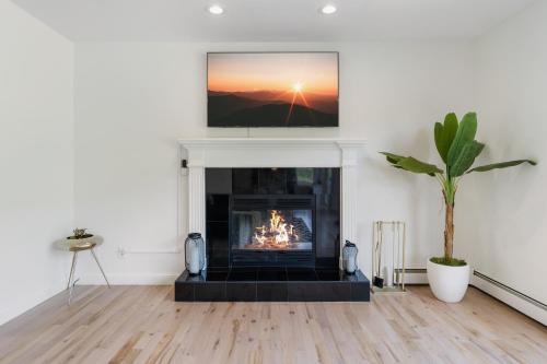 a living room with a fireplace with a tv above it at Malkita Aria Mountainview Retreat in Woodbury